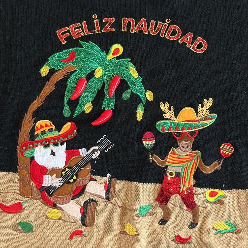 Feliz Navidad Knit Sweater 3X Black Crew Neck‎ Holiday Sombrero Chili Pepper